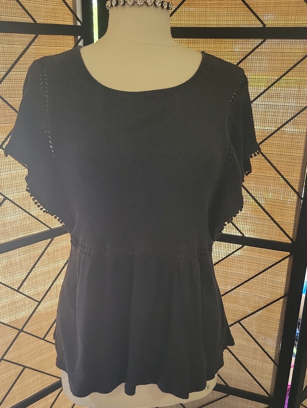 Umgee Black Knit Peplum Blouse with Flutter Sleeves